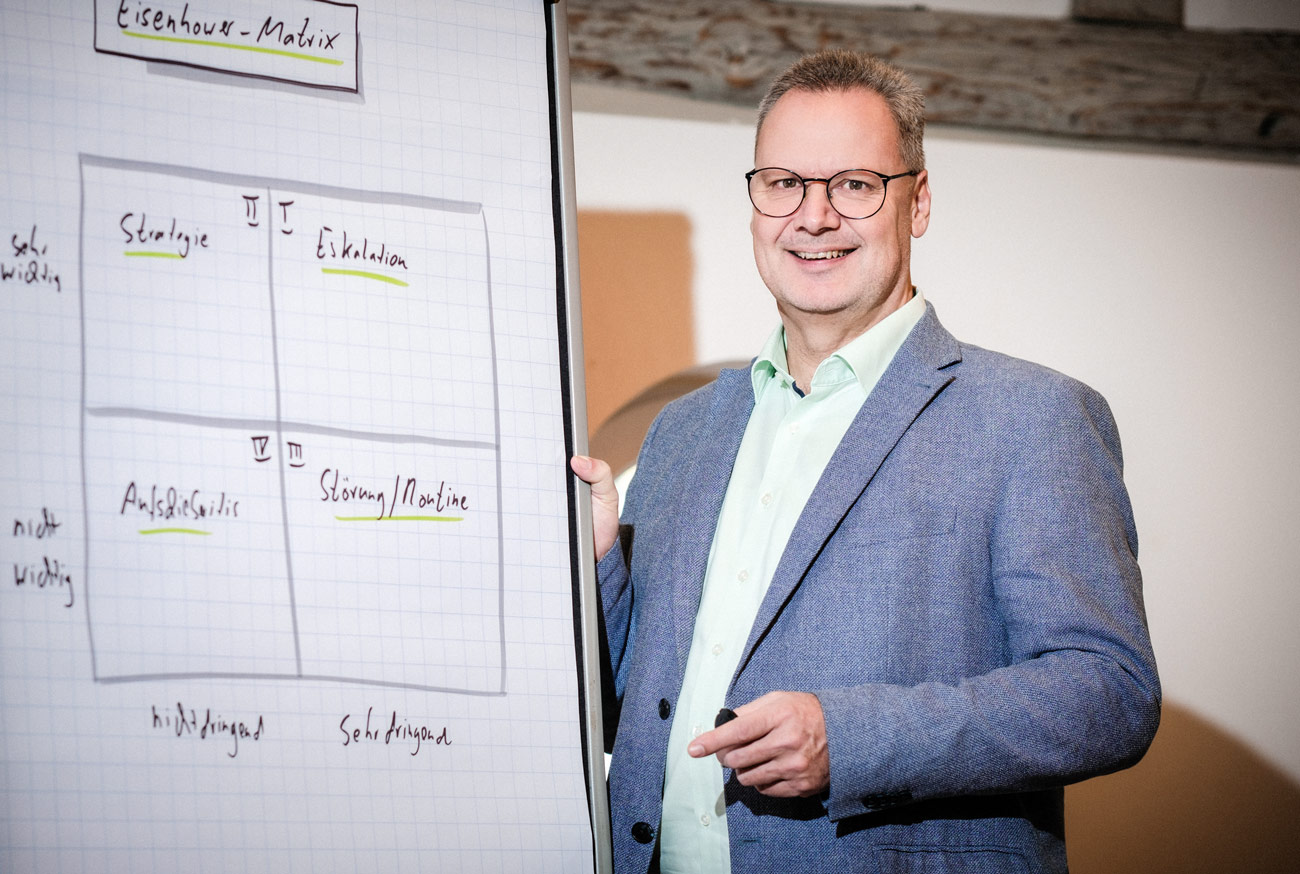 Arne Bär erläutert die Eisenhower-Matrix am Flipchart