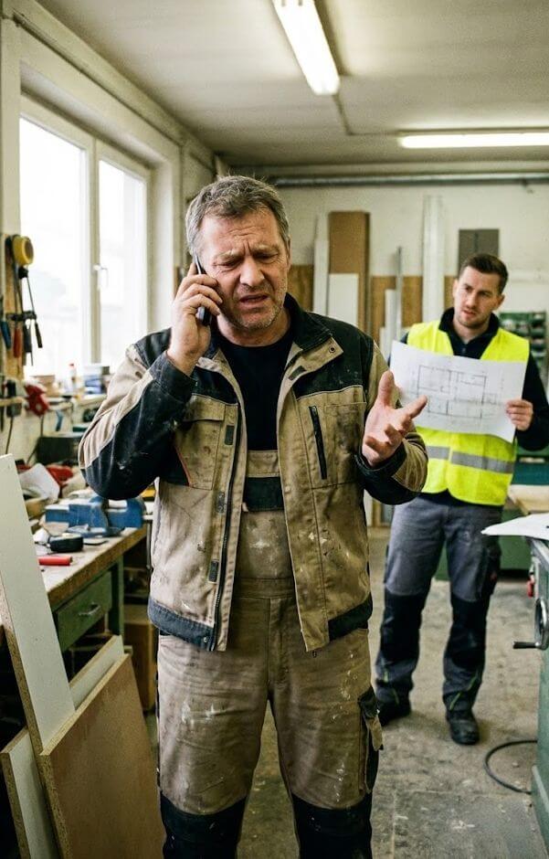 Überlasteter Handwerksmeister telefoniert in der Werkstatt
