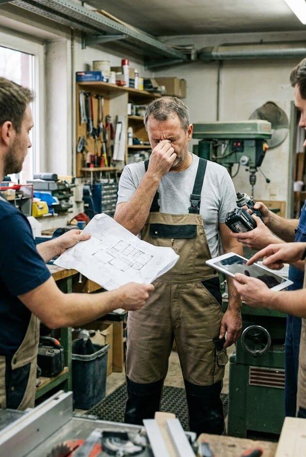 Chef in der Werkstatt wird von allen Seiten mit Fragen bedrängt