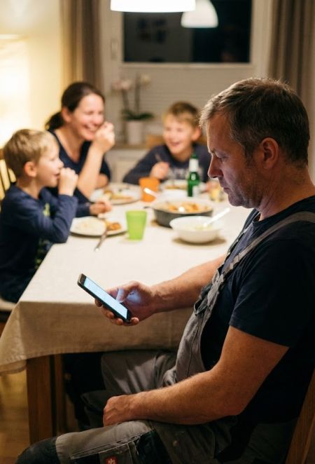 Vater am Abendbrottisch, gedanklich abwesend am Handy