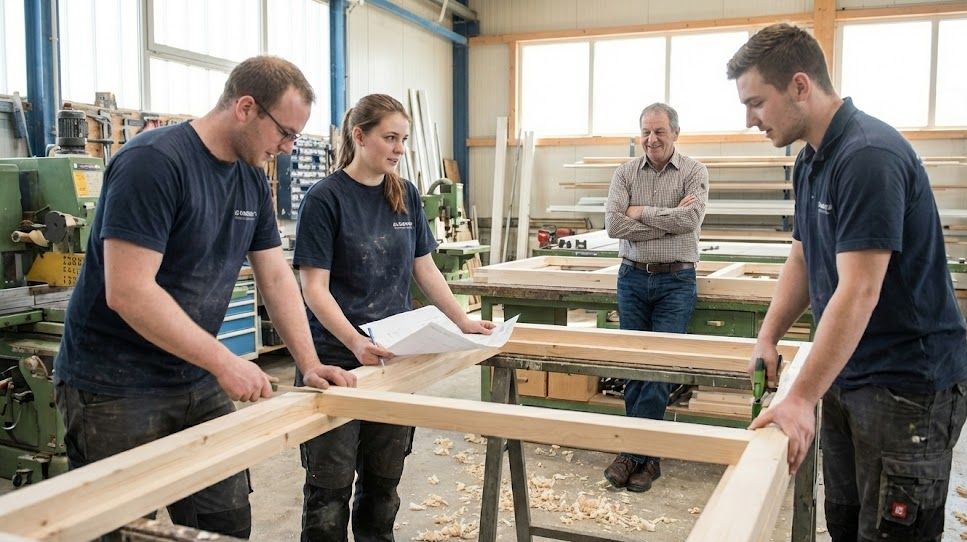 Handwerksteam arbeitet eigenständig zusammen, Chef schaut zufrieden zu