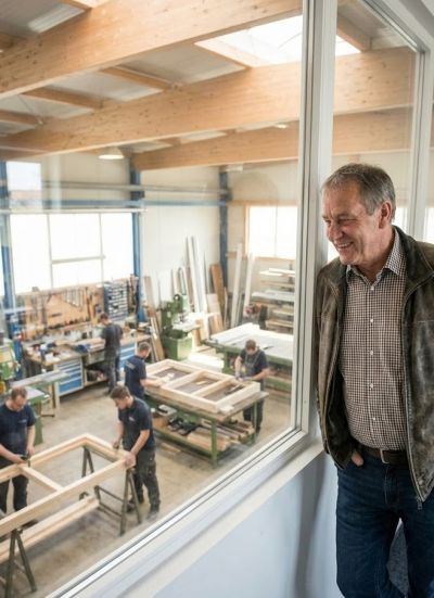 Handwerksunternehmer blickt zufrieden in seine laufende Werkstatt
