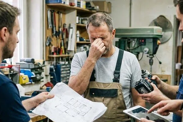 Ein Handwerker reibt sich die Augen, während ihm von allen Seiten Pläne, ein Tablet und eine Kamera hingehalten werden