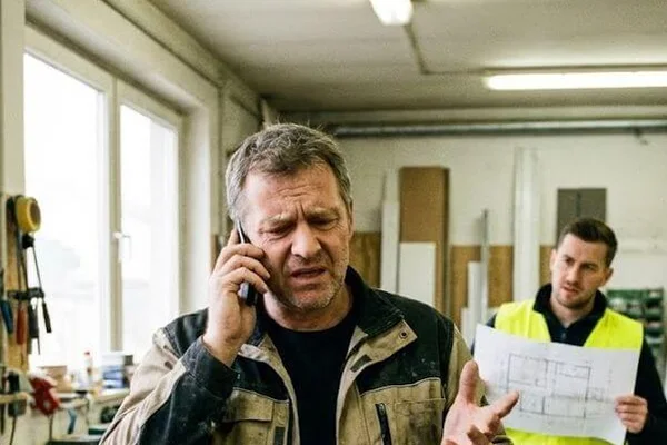Ein Handwerksmeister telefoniert in der Werkstatt, ein Mitarbeiter wartet mit einem Plan auf ihn
