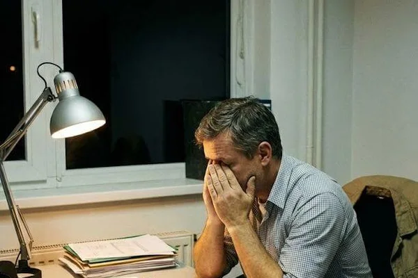 Ein Mann sitzt abends am Schreibtisch und hält sich das Gesicht in den Händen