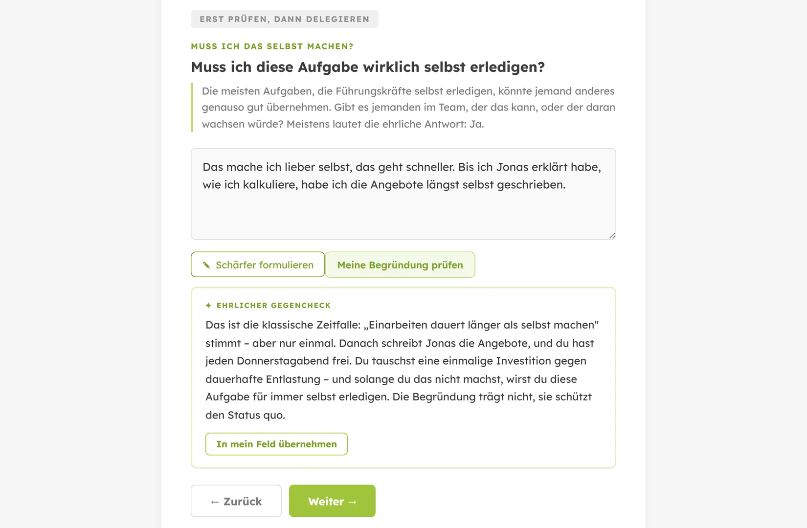 Der Bogen prüft die eigene Begründung und benennt die Ausrede dahinter