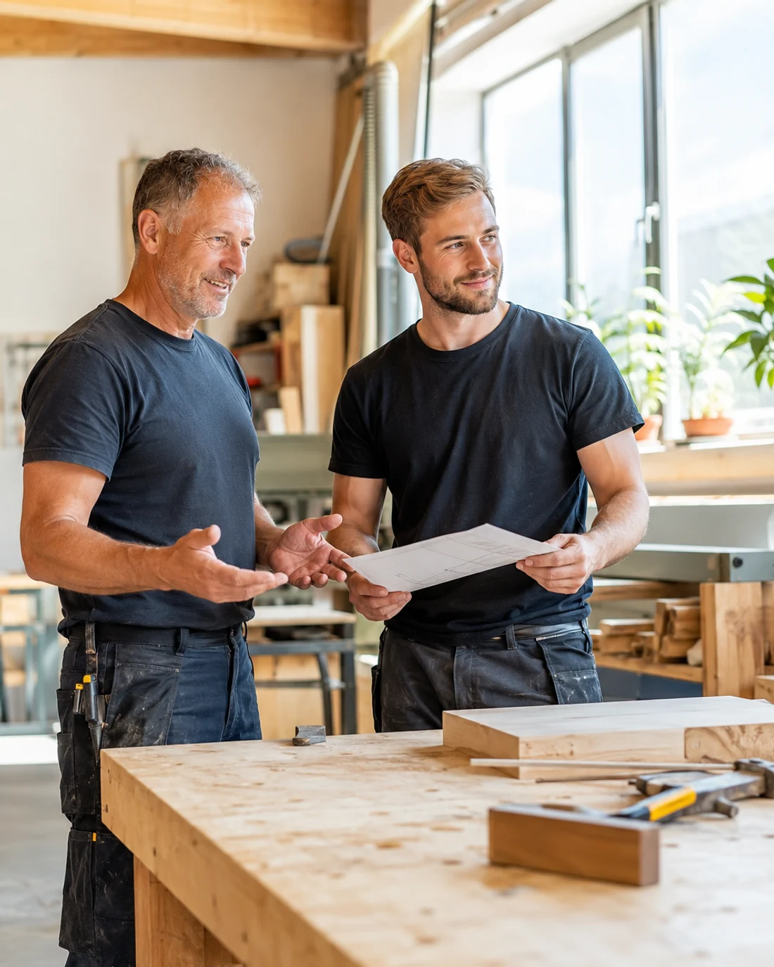 Handwerksmeister übergibt einem Mitarbeiter eine Aufgabe an der Werkbank