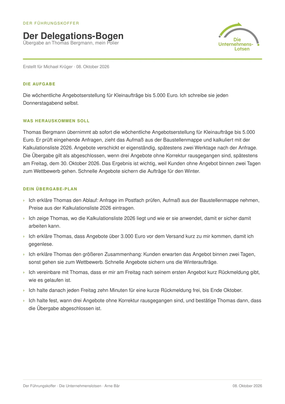 Der fertige Delegations-Bogen als PDF mit Aufgabe, Ergebnis, Übergabe-Plan und Gesprächsskript