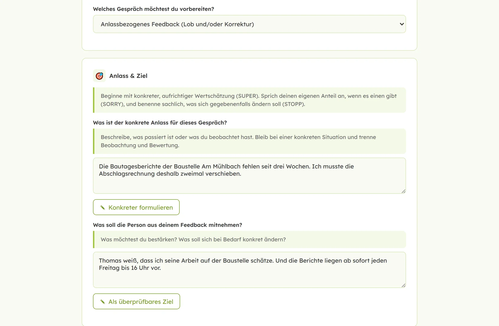 Der Feedback-Bogen mit Feldern für Anlass, Ziel und Beobachtungen