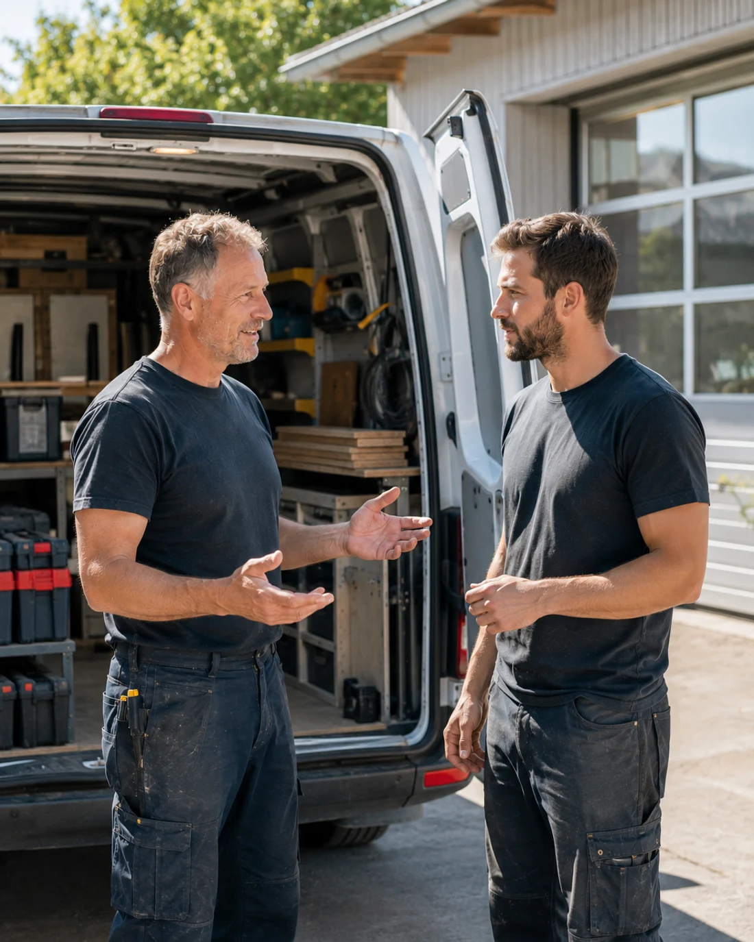 Handwerksmeister im Gespräch mit einem Mitarbeiter vor dem Firmentransporter