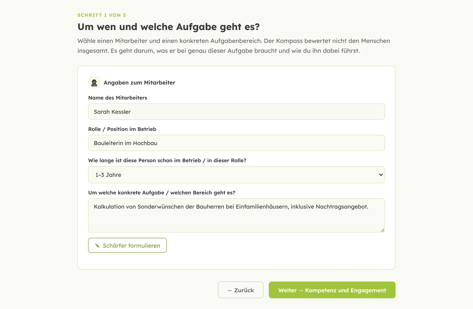 Der Bogen fragt zuerst, wen du führst und um welche Aufgabe es geht