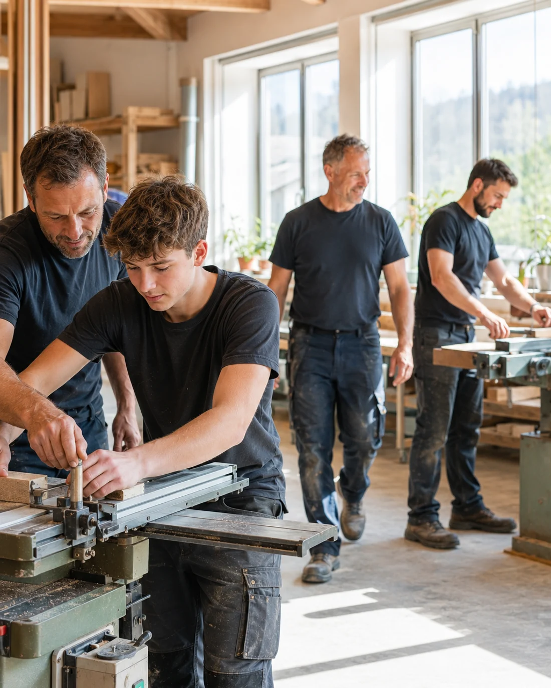 Handwerksmeister zeigt einem Azubi eine Maschine, im Hintergrund arbeiten erfahrene Kollegen selbstständig