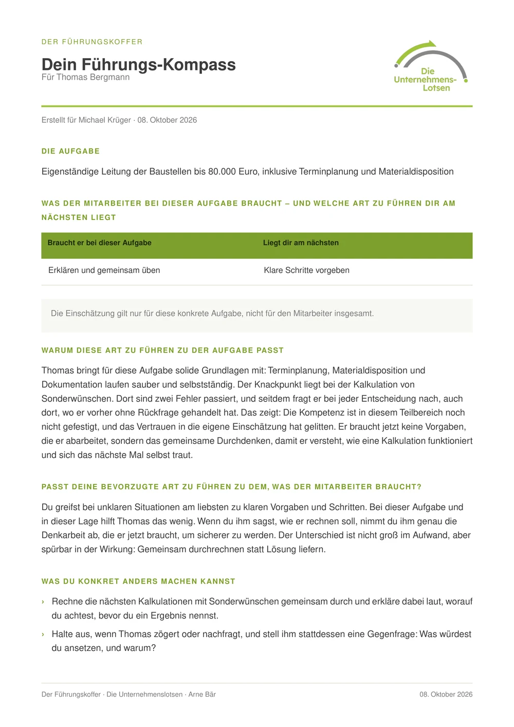 Der fertige Führungs-Kompass als PDF mit dem, was der Mitarbeiter braucht, dem Abgleich und dem Vier-Wochen-Plan