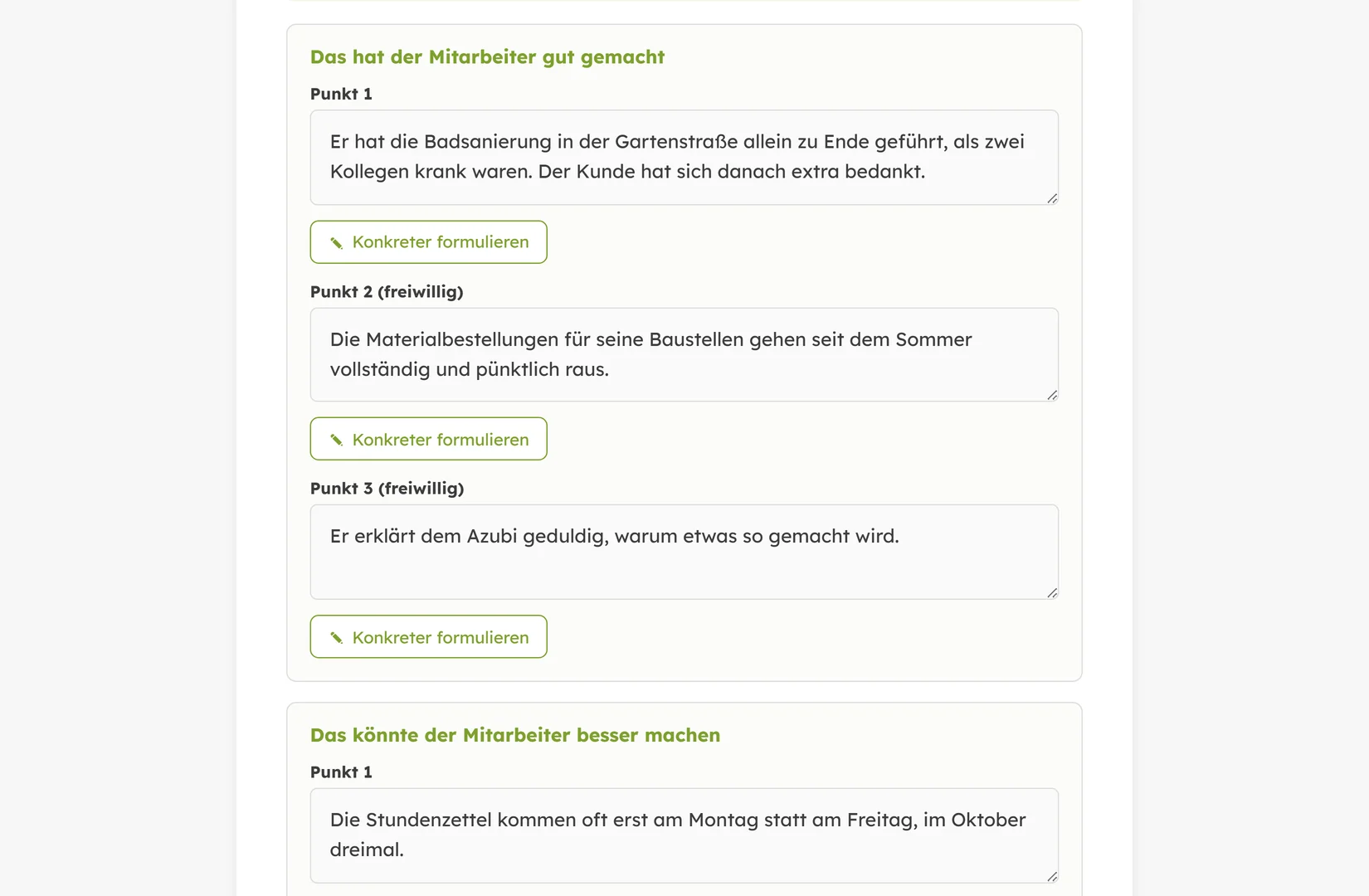 Was der Mitarbeiter gut gemacht hat und was er besser machen könnte, in einzelnen Punkten eingetragen