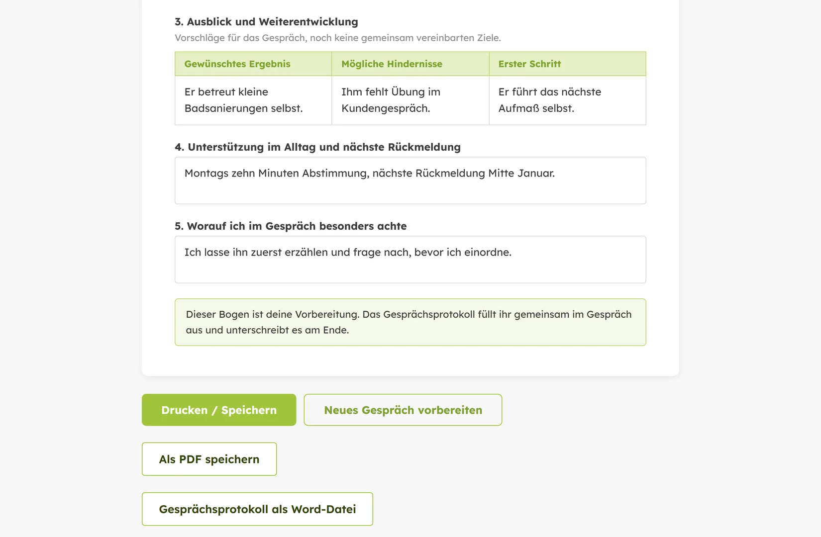 Die fertige Gesprächsvorbereitung, darunter die Knöpfe für PDF und Gesprächsprotokoll als Word-Datei