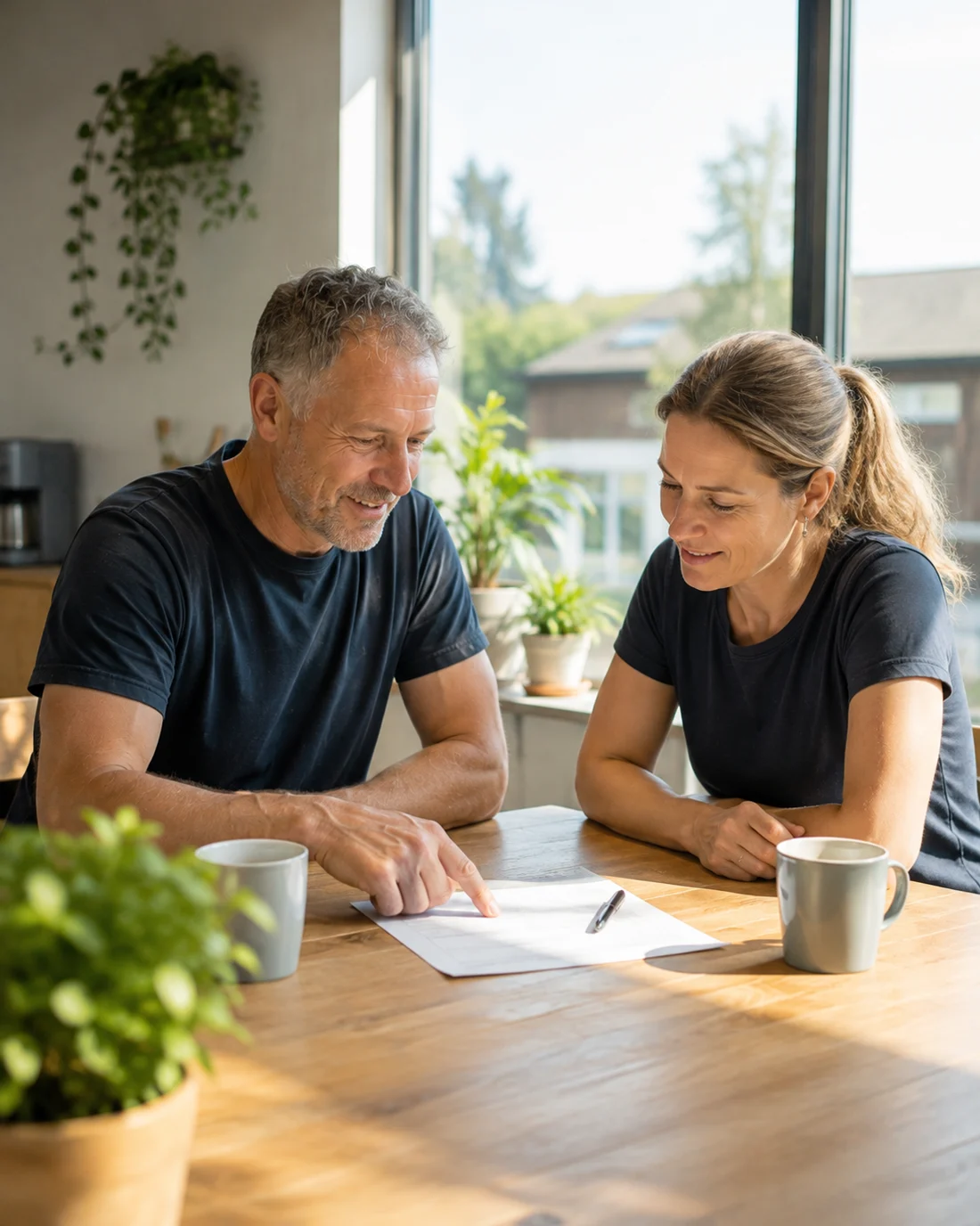 Handwerksmeister und Mitarbeiterin im Gespräch am Tisch, mit Notizen und Kaffee