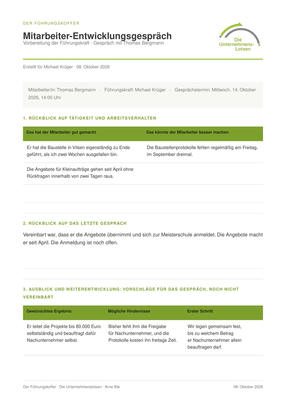 Der fertige Vorbereitungsbogen als PDF mit Rückblick, letztem Gespräch und Ausblick