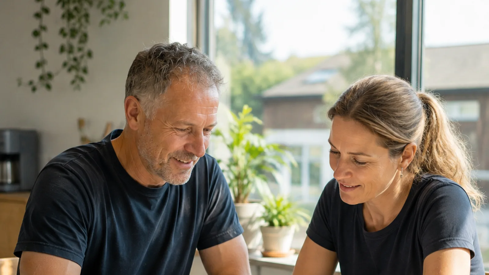 Ein Meister und eine Mitarbeiterin sitzen sich am Tisch gegenüber und sprechen über ihre Arbeit