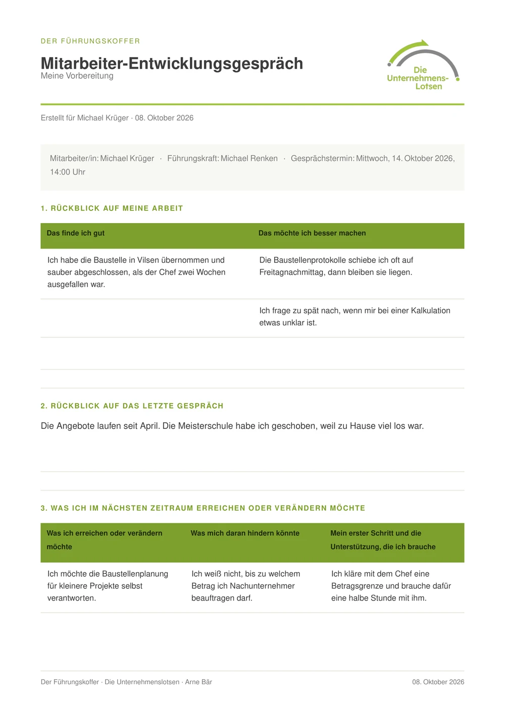 Der fertige Vorbereitungsbogen als PDF mit Rückblick, letztem Gespräch und Zielen für die nächste Zeit