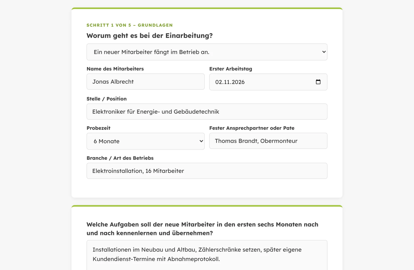 Angaben zu Person, Stelle, Hauptaufgaben, Paten und Probezeit