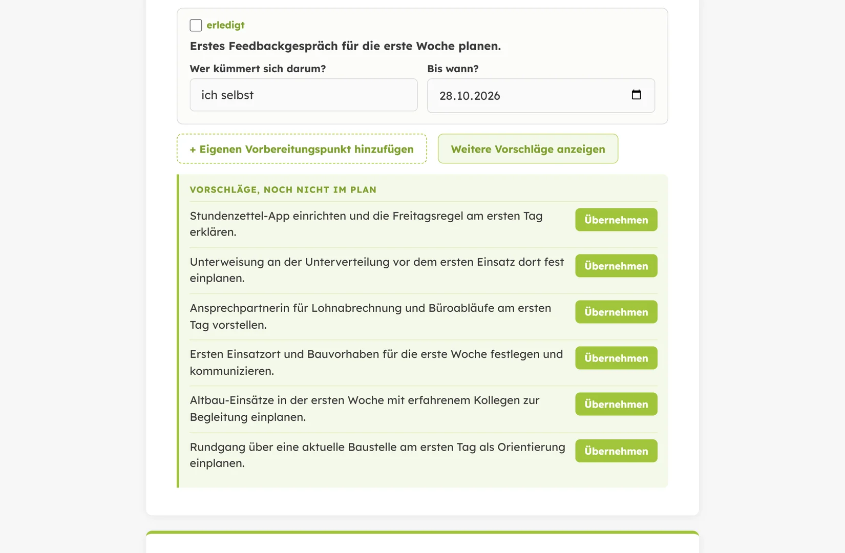 Vorbereitungsliste mit Vorschlägen für den Start, die sich mit einem Klick in den Plan übernehmen lassen