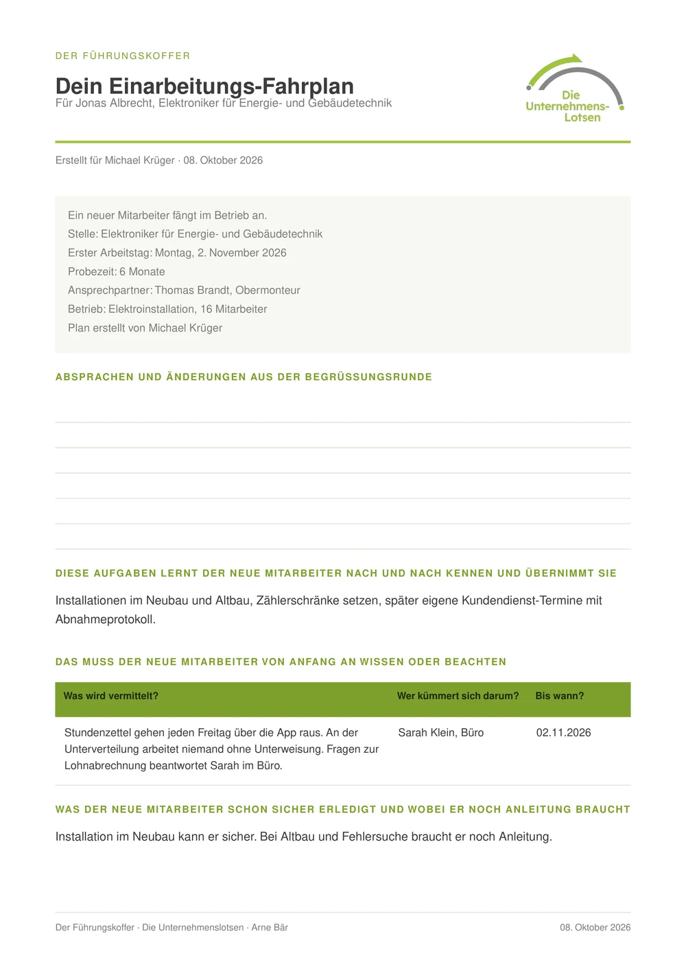 Der fertige Einarbeitungsplan als PDF mit Vorbereitung, den ersten Minuten, Stunden und Tagen und den Phasen bis Monat sechs