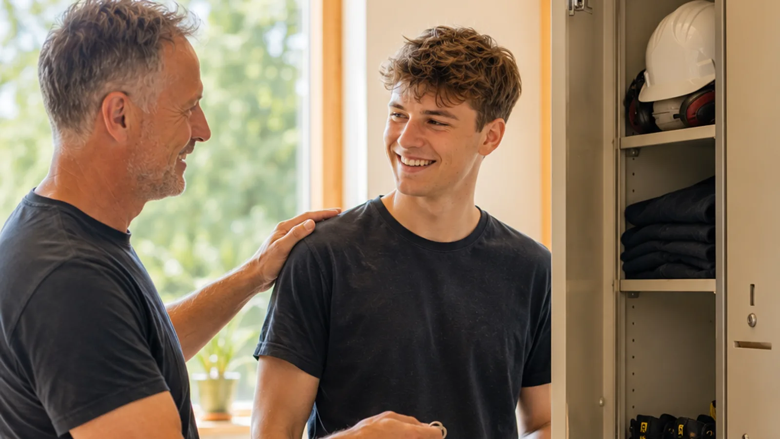Ein Meister legt einem neuen jungen Mitarbeiter am Spind die Hand auf die Schulter