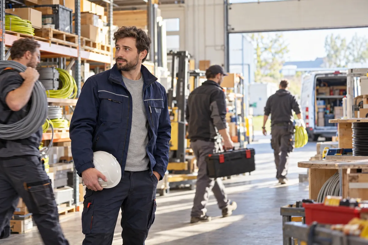 Ein neuer Mitarbeiter steht mit dem Helm in der Hand im Lager, die Kollegen eilen beschäftigt an ihm vorbei