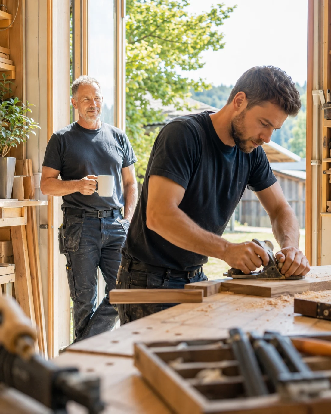 Handwerker arbeitet konzentriert am Werkstück, der Meister beobachtet aus dem Hintergrund