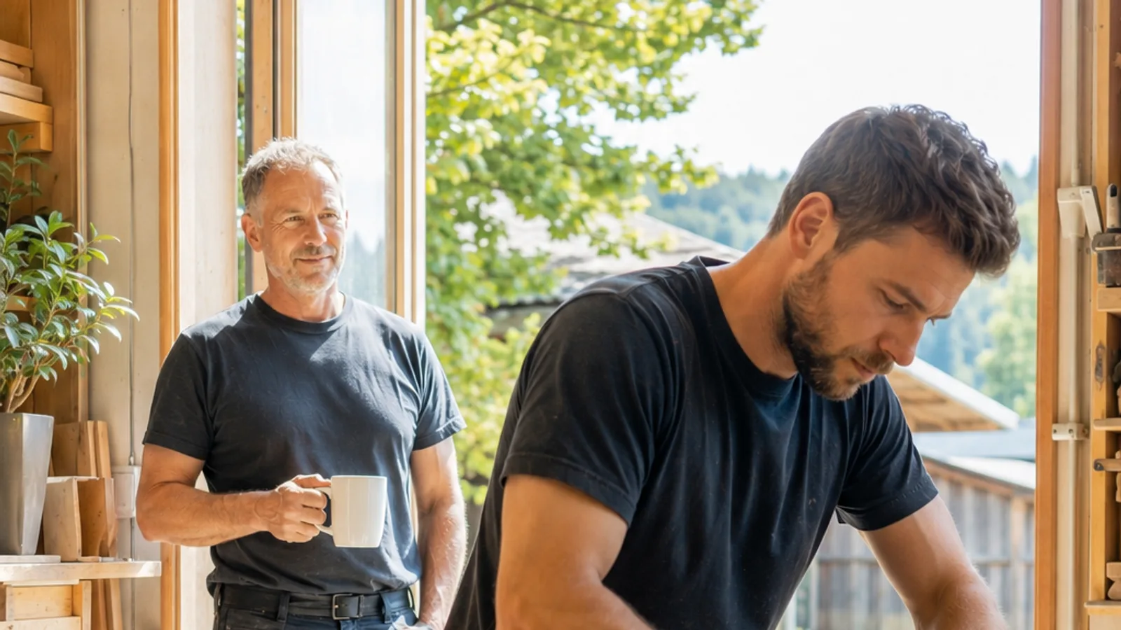 Ein Meister steht entspannt mit einer Tasse Kaffee in der Werkstatt, während sein Mitarbeiter selbstständig arbeitet