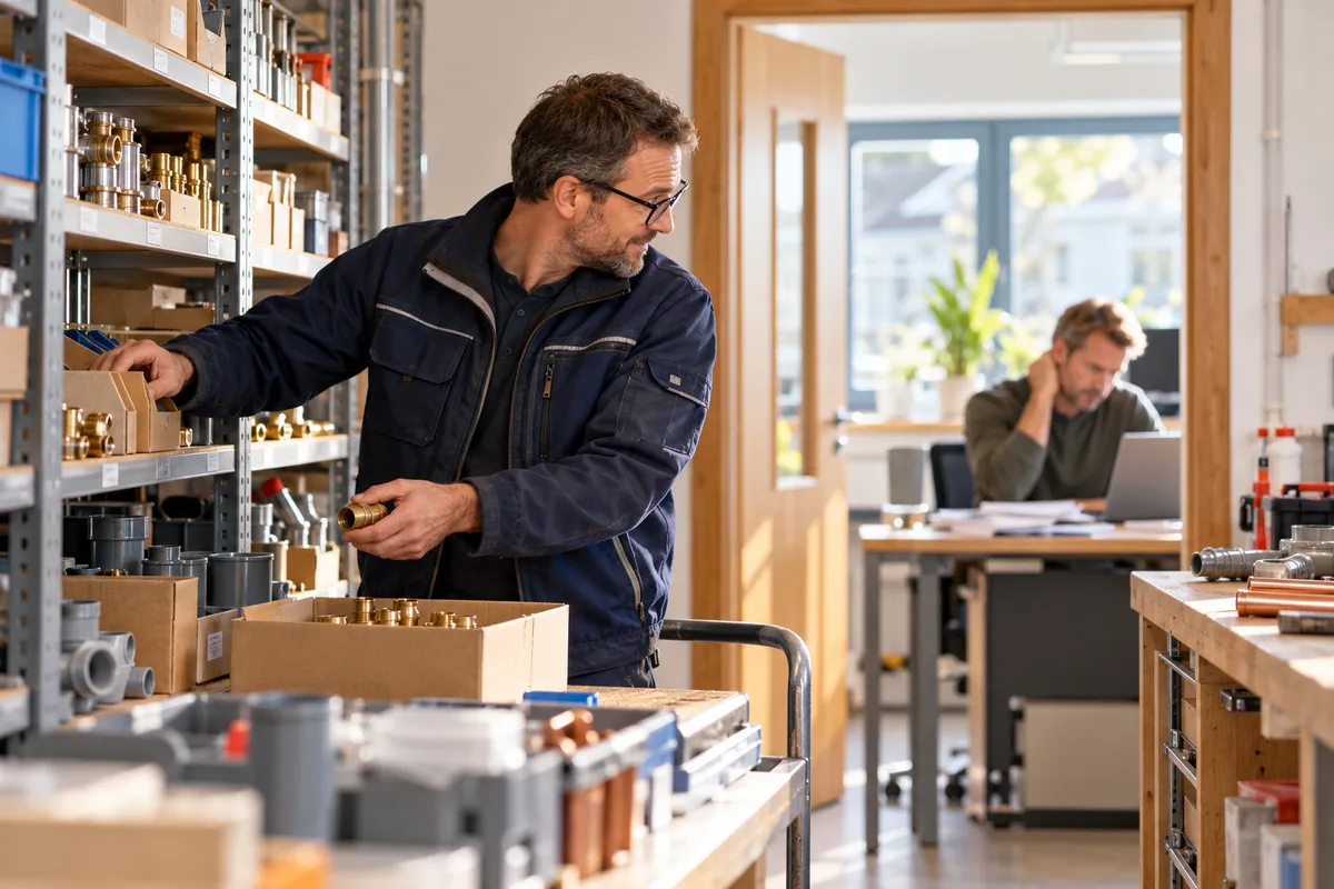 Ein Mitarbeiter sortiert Fittings im Lager, im Büro dahinter kämpft der Chef mit einer Kalkulation am Laptop