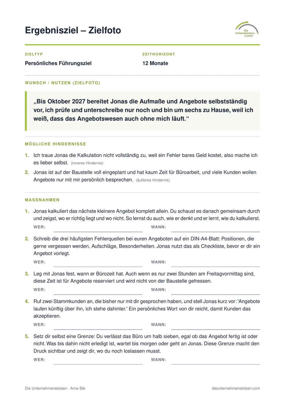 Das Ergebnisziel als PDF mit Zielfoto, Hindernissen und Maßnahmen mit Platz für Wer und Wann