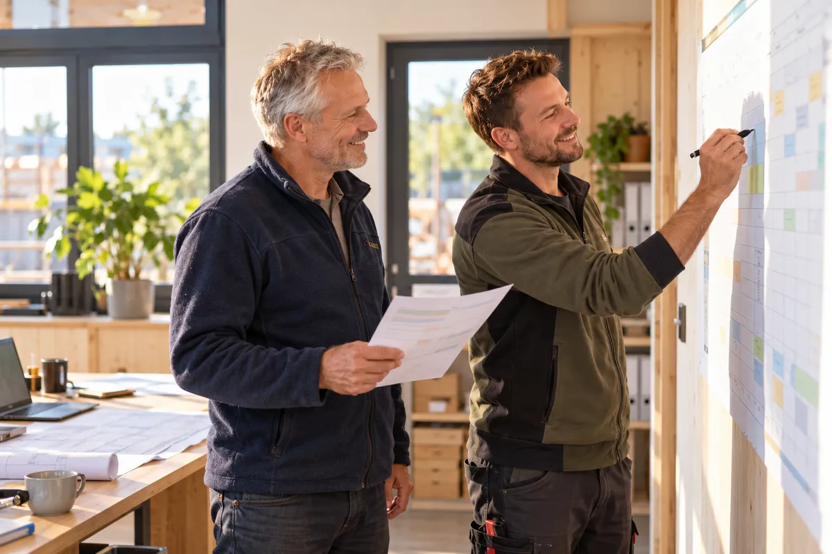 Ein Chef und sein Bauleiter tragen lachend einen festen Termin in den Wandplaner ein, der Chef hält sein Zielblatt in der Hand